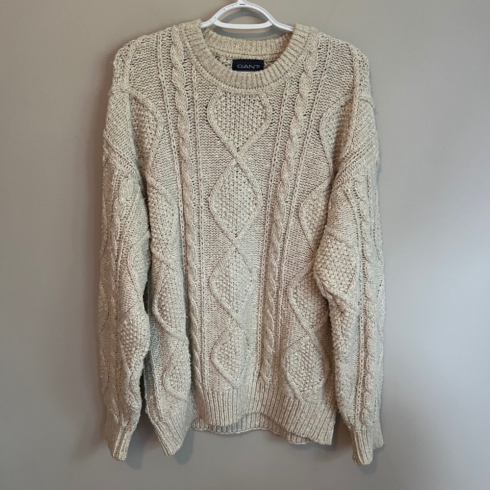 Vintage Men's Cream Cable Knit Crewneck Sweater Oatmeal Aran Fisherman M
